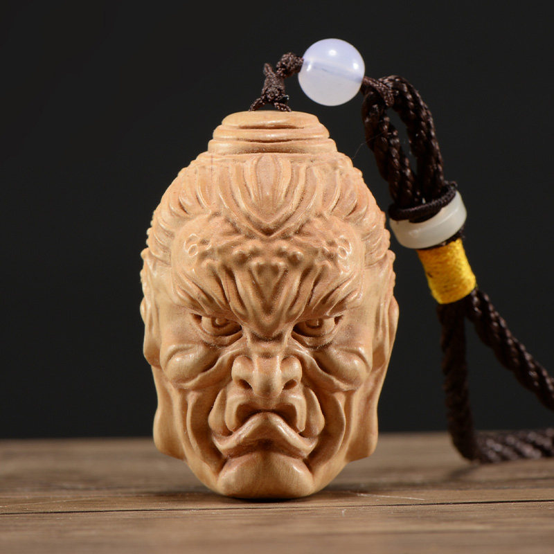 崖柏木雕佛魔善恶一念之间佛头吊坠个性手把件红木手工雕刻把玩件
