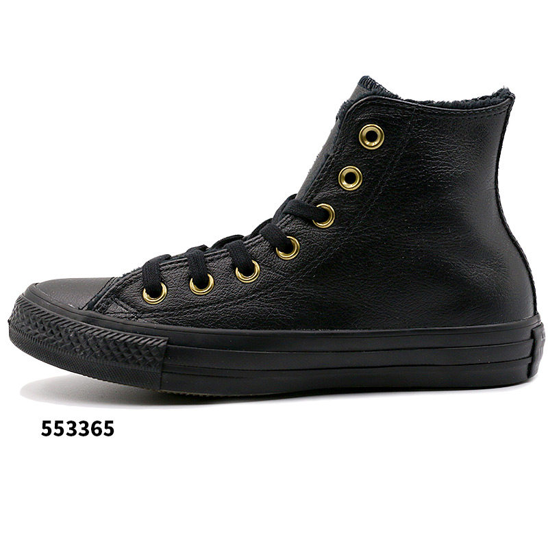 匡威全黑牛皮高帮绒毛反绒内里冬季保暖女鞋帆布鞋