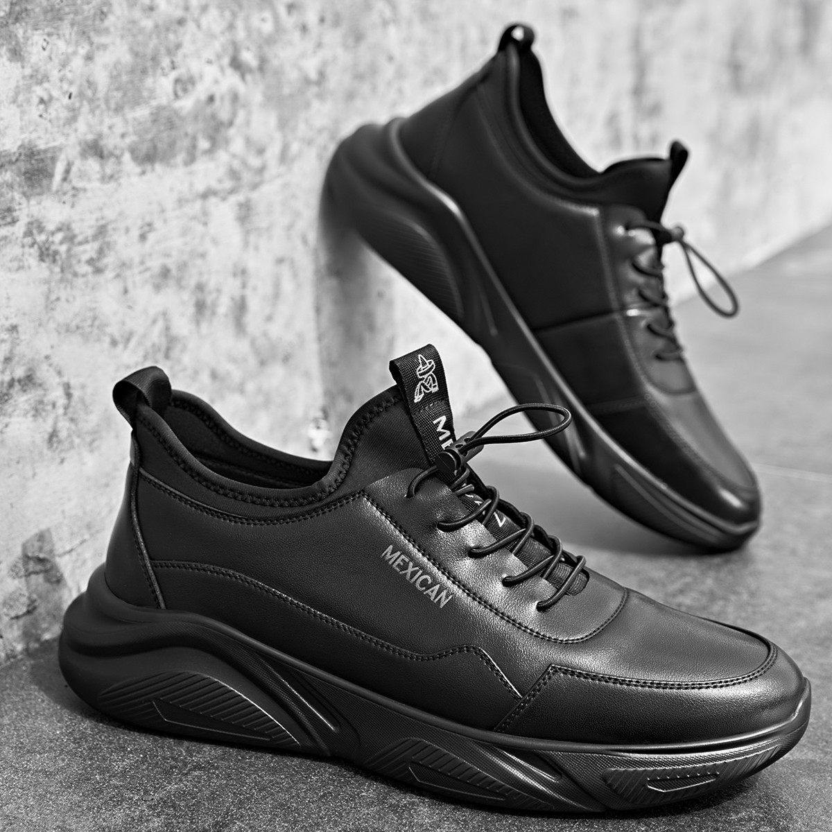 稻草人鞋子百搭黑色皮软真皮男士运动鞋男鞋运动时尚休闲鞋