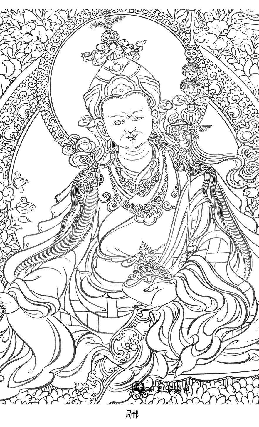 描金唐卡莲花花生大士线稿白描涂色佛像diydiy