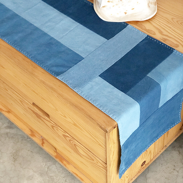 本事手工植物蓝染棉麻麻布拼布双层桌旗茶席桌旗