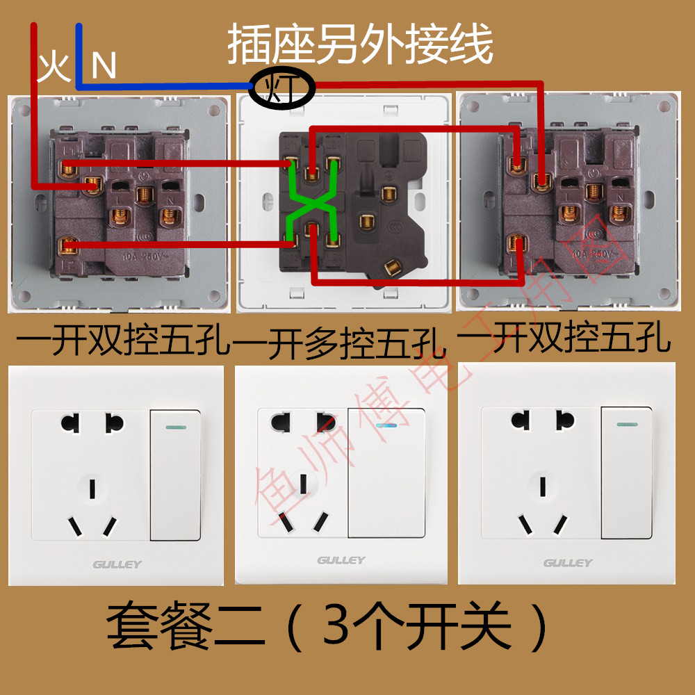 开关开关插座双掷双刀中途三联五孔控带开多一开开关插座套装