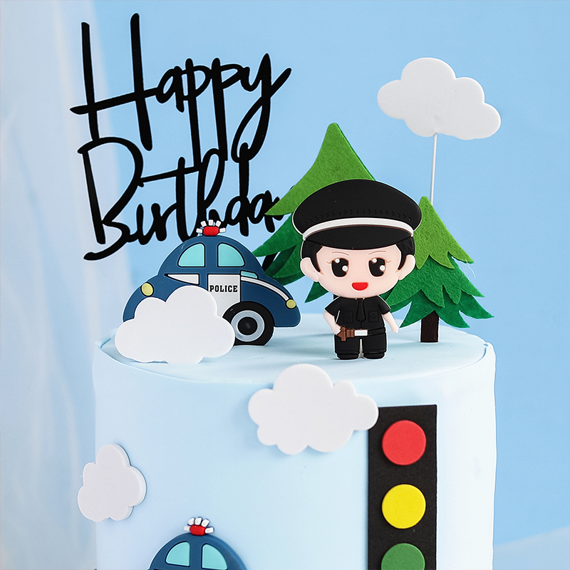 儿童生日蛋糕男孩特警警车软胶摆件蛋糕甜品派对节日装扮用品