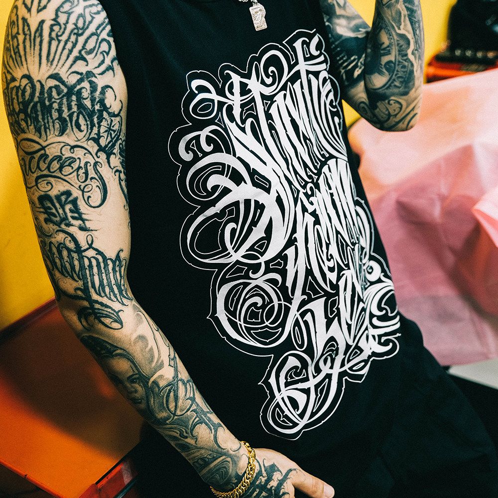 双头ekhlas纹身will联名刺青卡诺花体字男女情侣背心