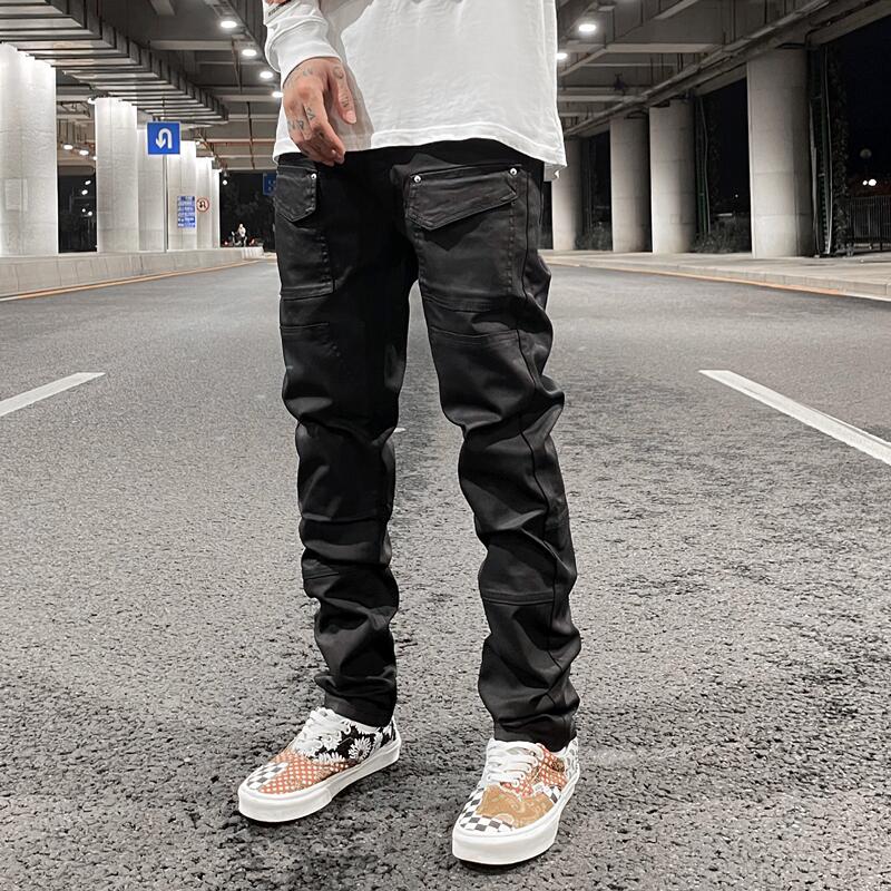 KISSNATE美式高街KANYE修身小脚涂层黑牛仔裤男口袋刷蜡休闲长裤