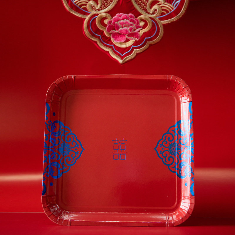 结婚一次性糖果盘喜宴酒席水果盘子婚庆订婚方形纸盘红色碟子中式