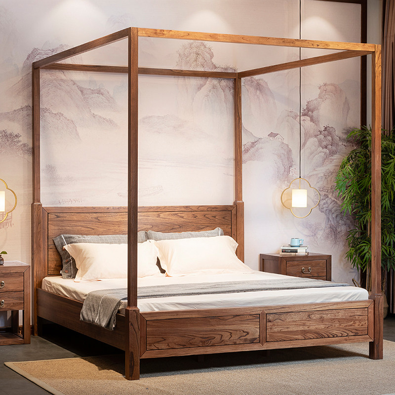 新中式主卧床民架子四柱老榆简约禅意实木床