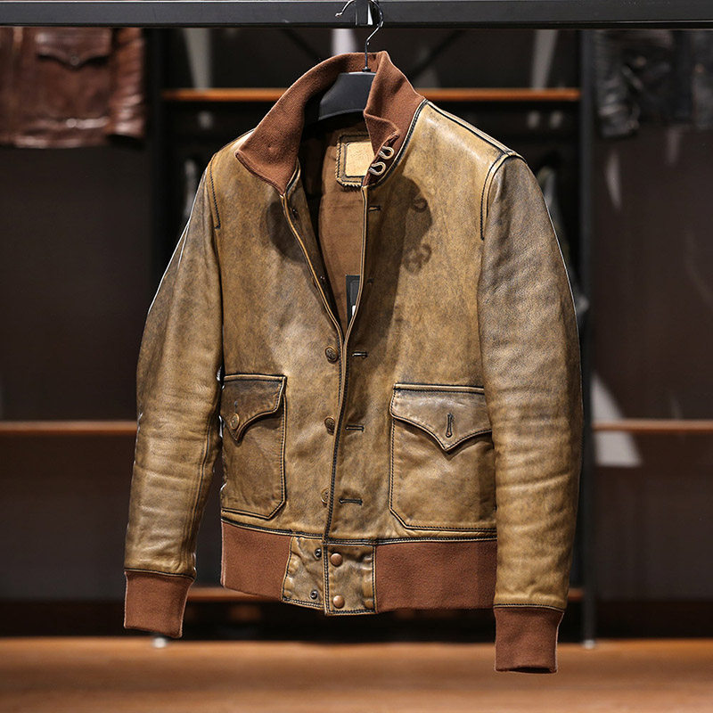 日系复古重度洗水做旧马皮皮衣经典a1飞行皮衣