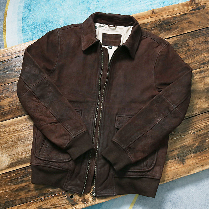 阿美咔叽复古做旧a2飞行员皮衣翻领短款山羊皮皮衣