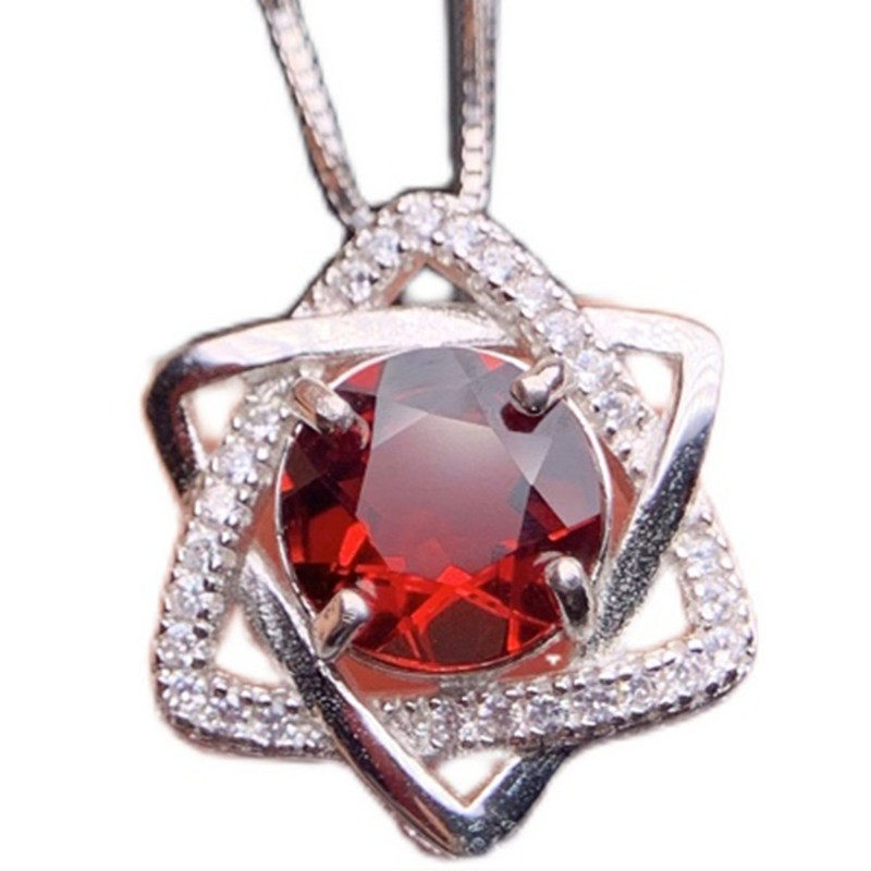 新款六芒星正品天然红宝红宝石石榴石纯银18k白金项坠