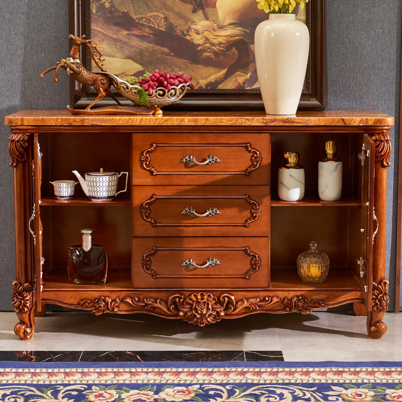 欧式餐边柜美式别墅奢华实木雕花靠墙深色酒柜餐边柜