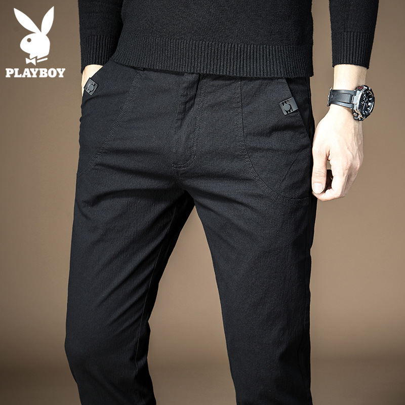 花花公子夏季休闲裤男士修身小脚韩版潮2022新薄款黑纯棉长裤子男