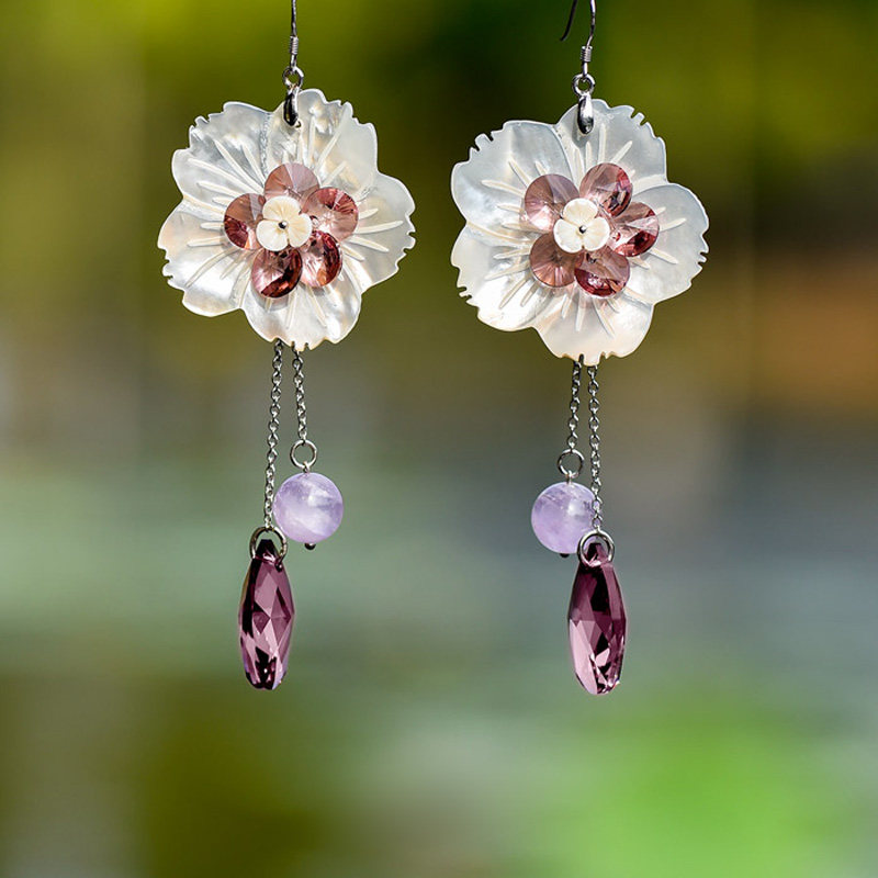 忆奴娇开到荼靡纯银饰品水晶耳环长款花朵耳坠日韩耳环