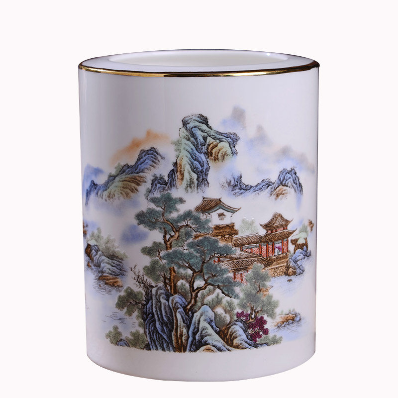 笔筒陶瓷山水画文具圆形毛笔圆珠笔多功能办公景德镇陶瓷笔筒