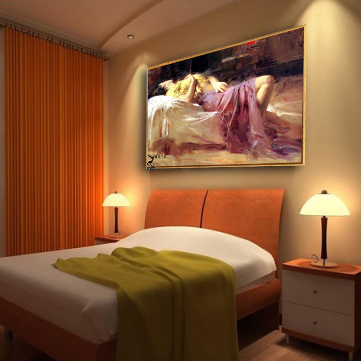 手绘卧室黄色挂画长版横版背景墙床头欧式现代油画