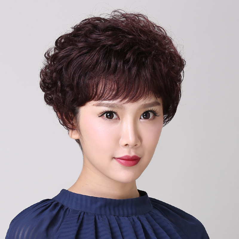 假发女短发短卷发真发自然中老年透气头套蓬松纹理烫送妈妈假发套