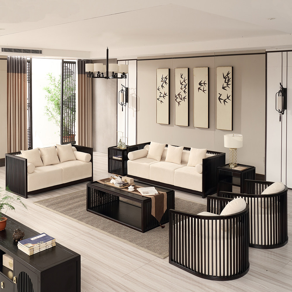 新中式定制家具水曲柳白蜡北美户型小户禅意组合实木沙发