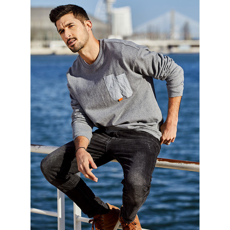 [特价]秋冬新款卫衣男欧美潮流简约胸口袋圆领套头衫男士上衣1759