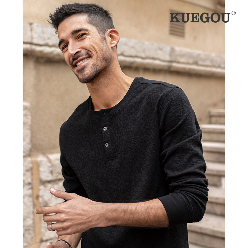 酷衣购 男士亨利领长袖T恤 男装简约纯色打底衫春季休闲上衣88031
