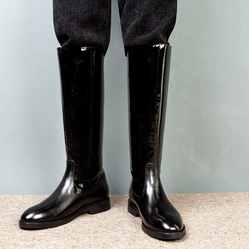真皮男士马靴高筒靴厚底黑色亮面牛皮长筒作战时装靴