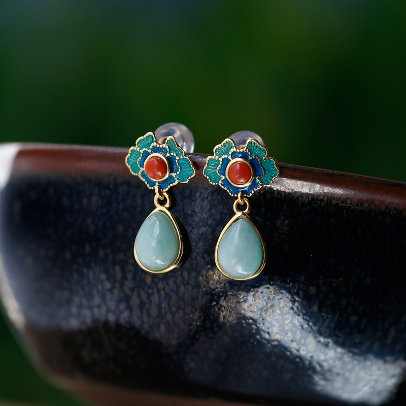 锦簇s925纯银烧蓝景泰蓝天然翡翠南红玛瑙复古耳饰耳钉