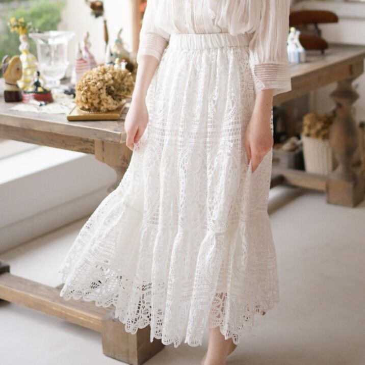 兰奕屋语白色水溶蕾丝半裙lanyifair长裙显瘦浪漫半身裙