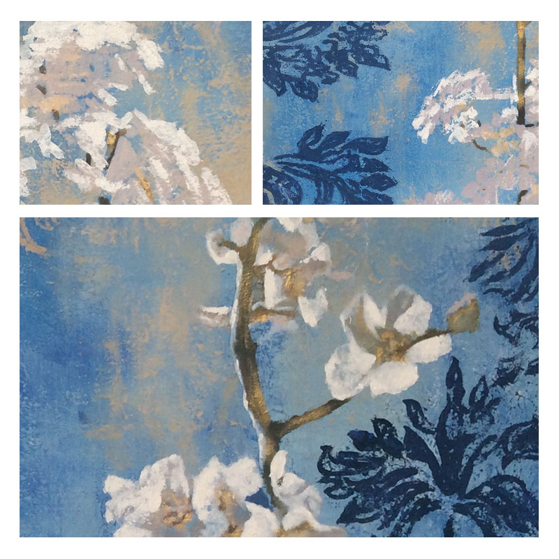 四合艺术蓝底白花手绘油画东方福邸高端业主定制油画