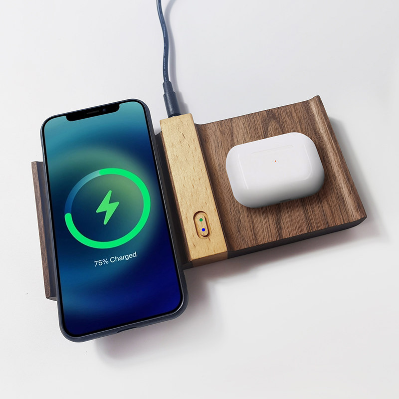 木质适用苹果iphone12手机耳机无线充电器双充15w手机充电器
