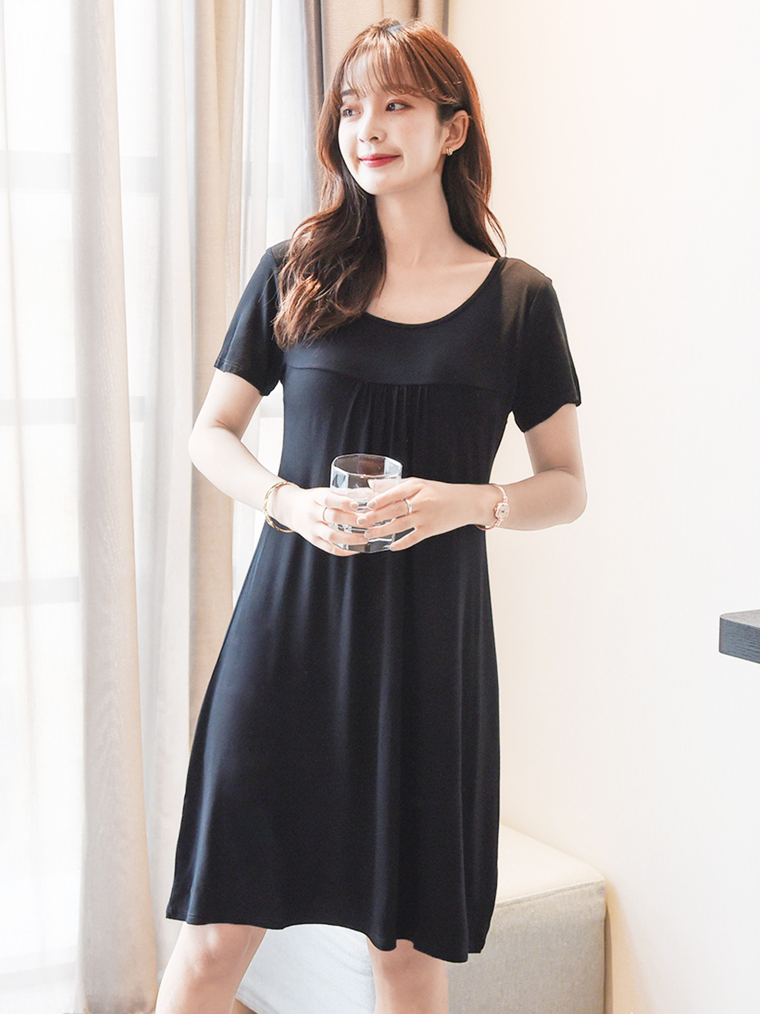 新款韩版莫代尔带胸连衣裙前胸出褶文胸半袖长裙睡裙