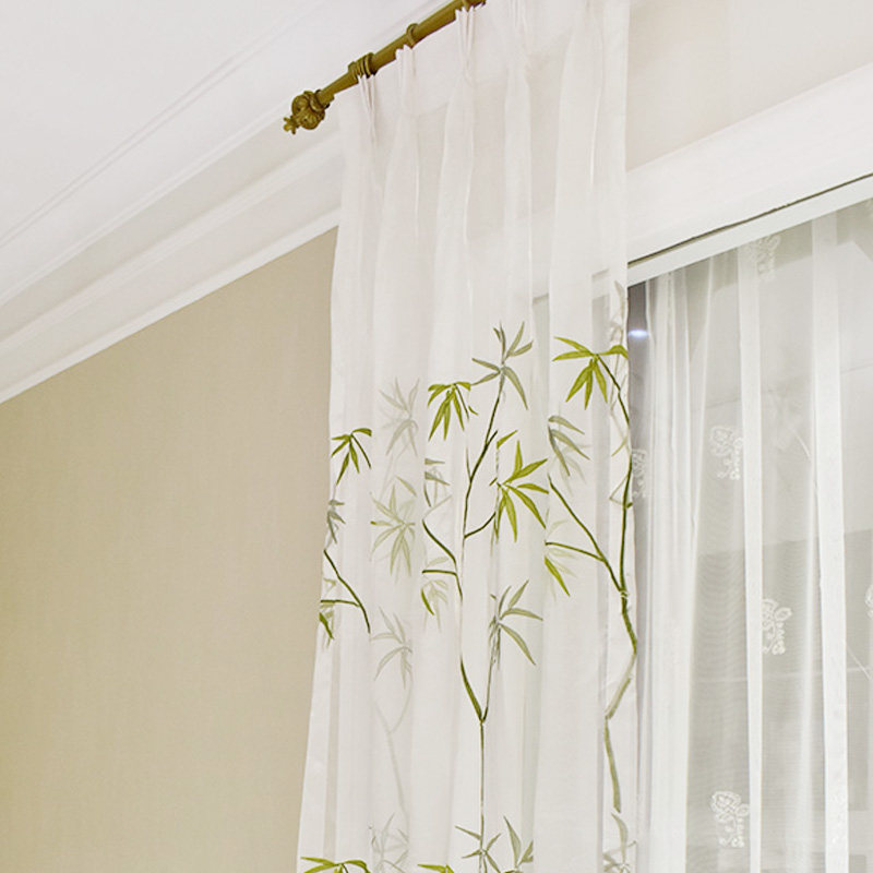 圣奇尼中式窗纱刺绣纱帘窗帘卧室窗竹子风水绣花纱白色纱半透清新