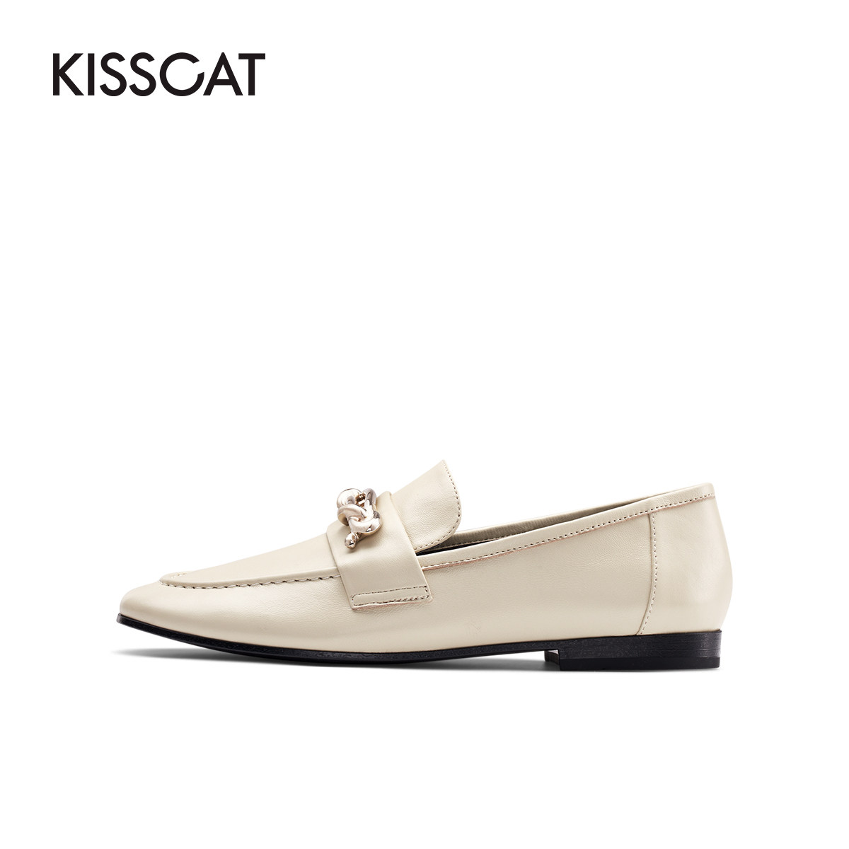 接吻猫2022春季新款舒适羊皮一脚脚蹬单鞋时尚乐福鞋豆豆鞋