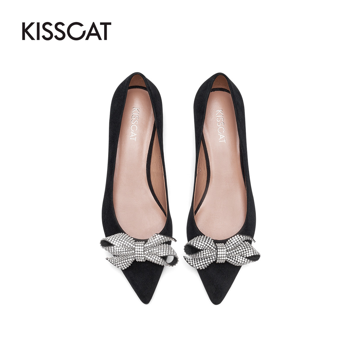 接吻猫鞋子女2022春夏季新款温柔气质水钻蝴蝶结简约尖头平底单鞋