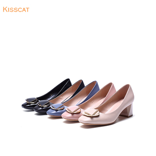 接吻猫2020春季新款宽脚胖脚羊皮气质女鞋圆头中跟粗跟浅口单鞋