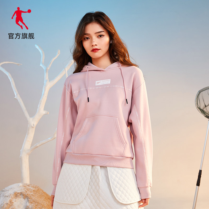 新潮乔丹运动卫衣女秋冬新款加绒宽松保暖连帽套头衫针织上衣女子