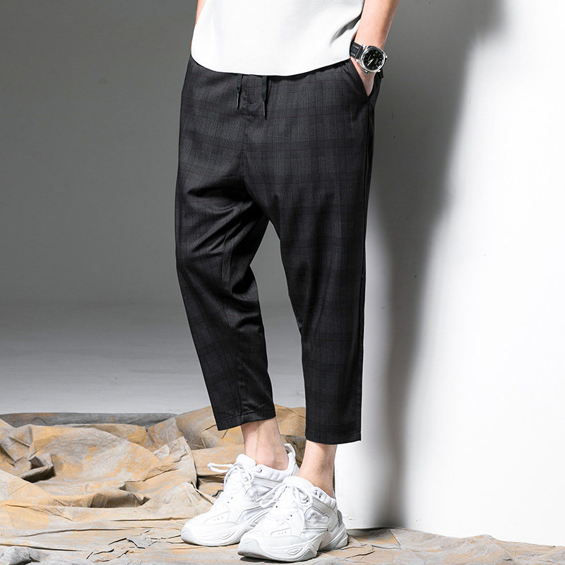 格子八分裤男夏季新款宽松直筒裤子潮流休闲运动休闲裤