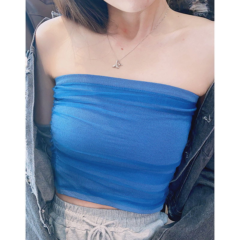 上衣复古针织织网抹胸克莱因蓝无肩带背心小众抹胸