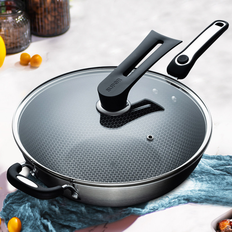 苏泊尔蜂窝晶纹炒锅不锈钢家用炒菜菜锅电磁炉燃气炒锅