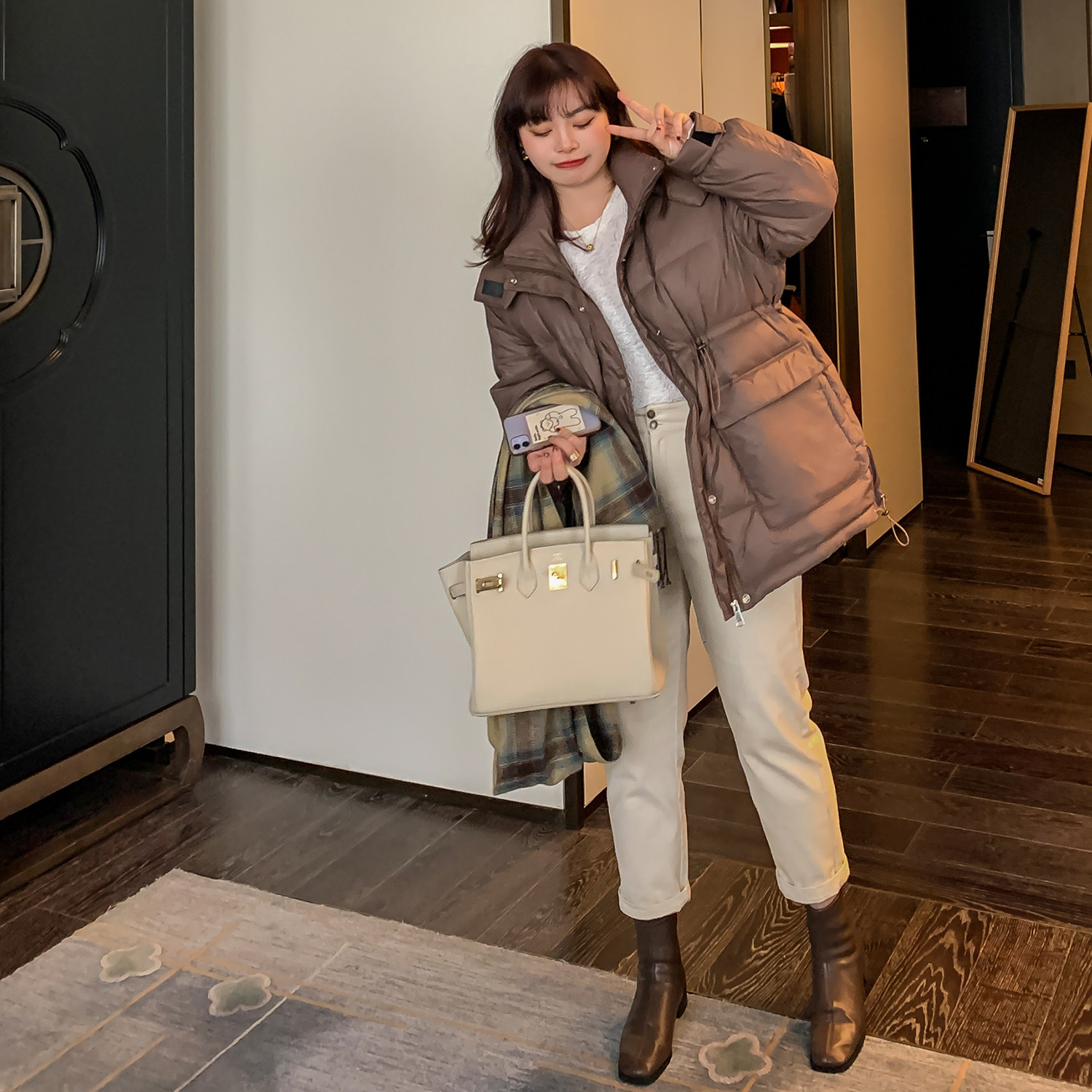 naz那子大码2020冬季新款可拆卸帽领收腰带帽显瘦胖妹妹羽绒服女