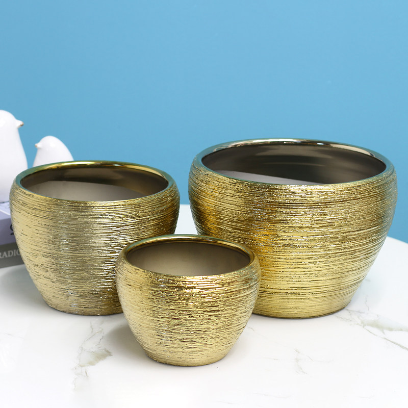 花盆拉丝金色电镀金属圆形轻奢陶瓷摆件装饰品花盆