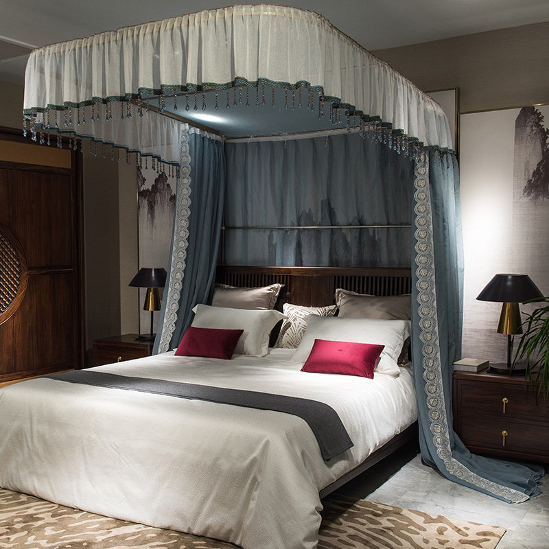 新中式u型奢华导轨道蚊帐家用床帘纱幔一体式1.5m1.8米床遮光双人
