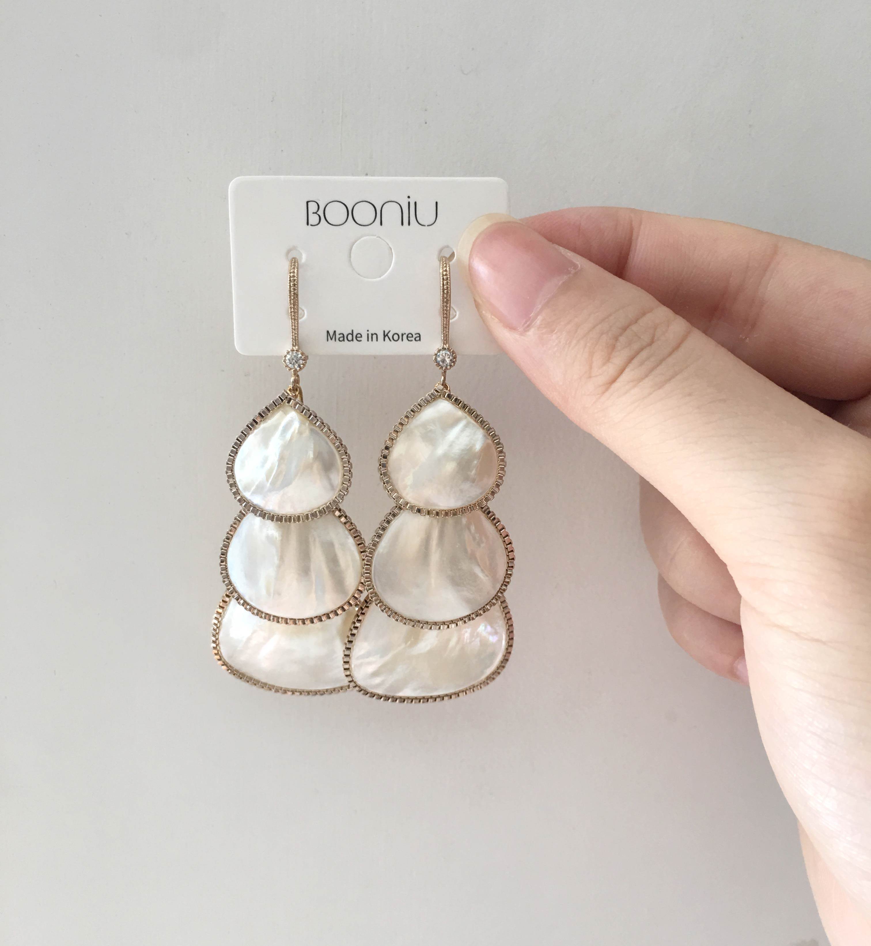 booniu韩国饰品代购东大门贝壳贝母珍珠拼接链条耳环