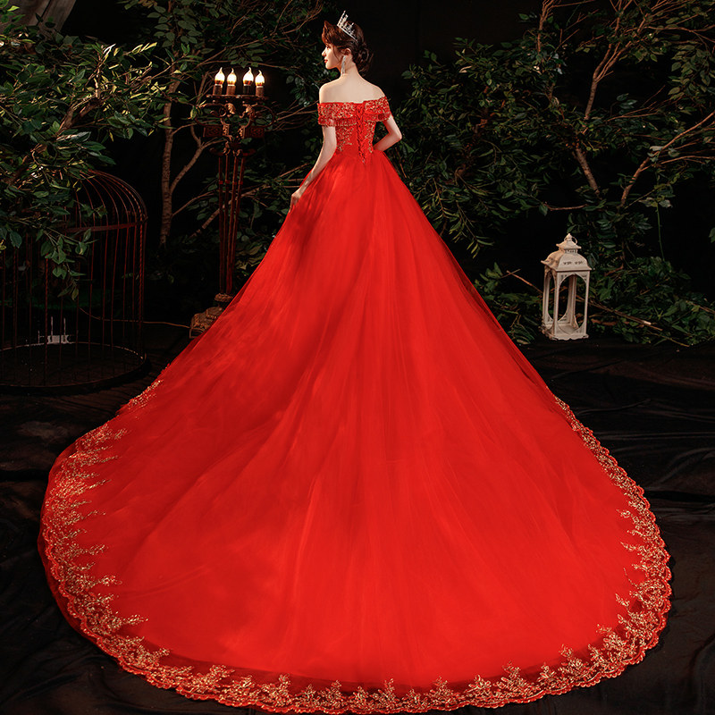 气质一字肩主婚纱森系2020新款小个子新娘红色大拖尾超仙梦幻公主