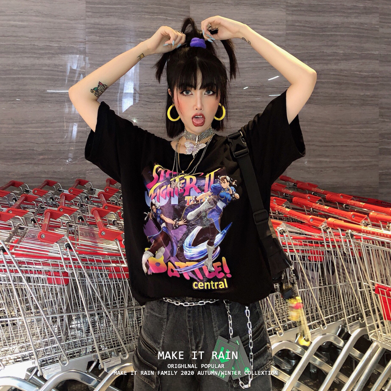 Hip hop街头霸王街霸春丽VINTAGE嘻哈复古潮人卡通短袖T恤情侣款