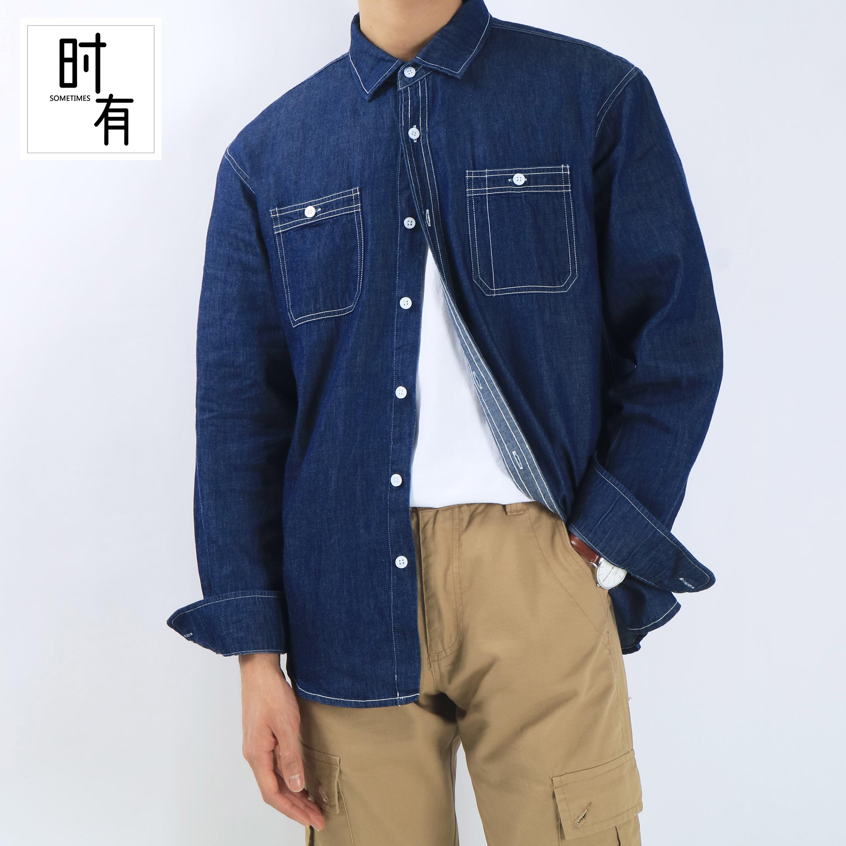 SHIJOIN原创POCKETIME薄款季水洗蓝牛仔衬衫男复古工装外套200105