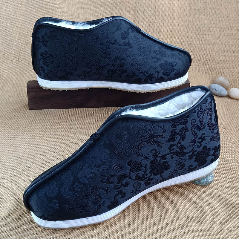 中式老北京布鞋千层底羊皮毛一体龙纹冬季保暖老年人高帮鞋