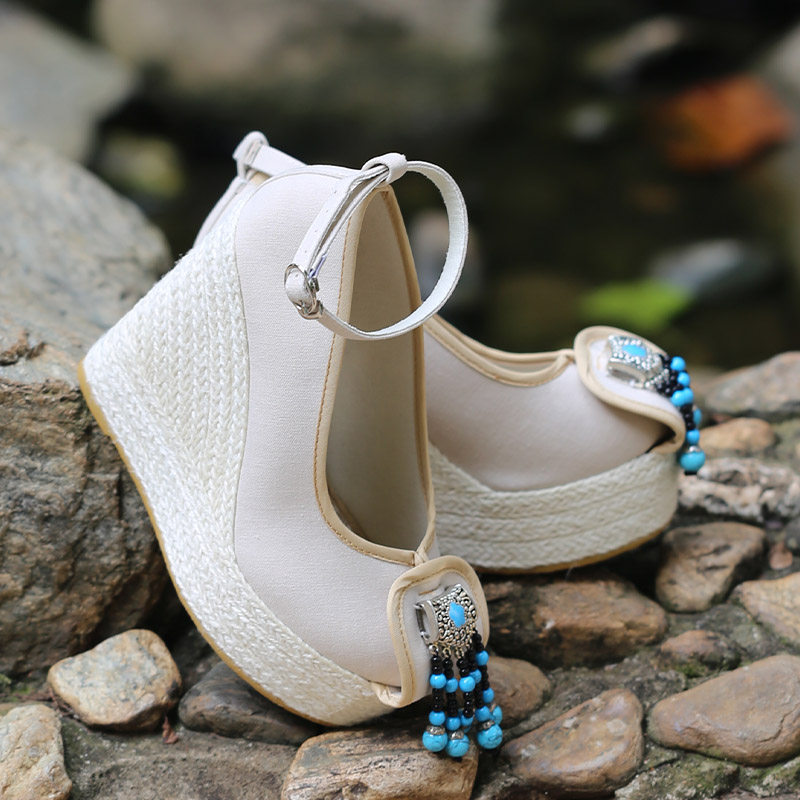 七彩民风手工12cm超高高跟布鞋浅色单鞋坡民族风布鞋