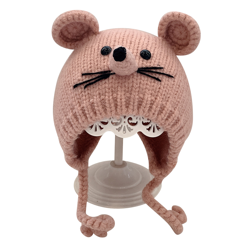 宝宝毛线手工婴儿针织帽子秋冬季婴幼儿老鼠保暖帽子