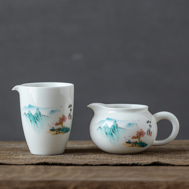 山水画公道德化白瓷茶海茶器陶瓷加厚耐热匀杯公道杯