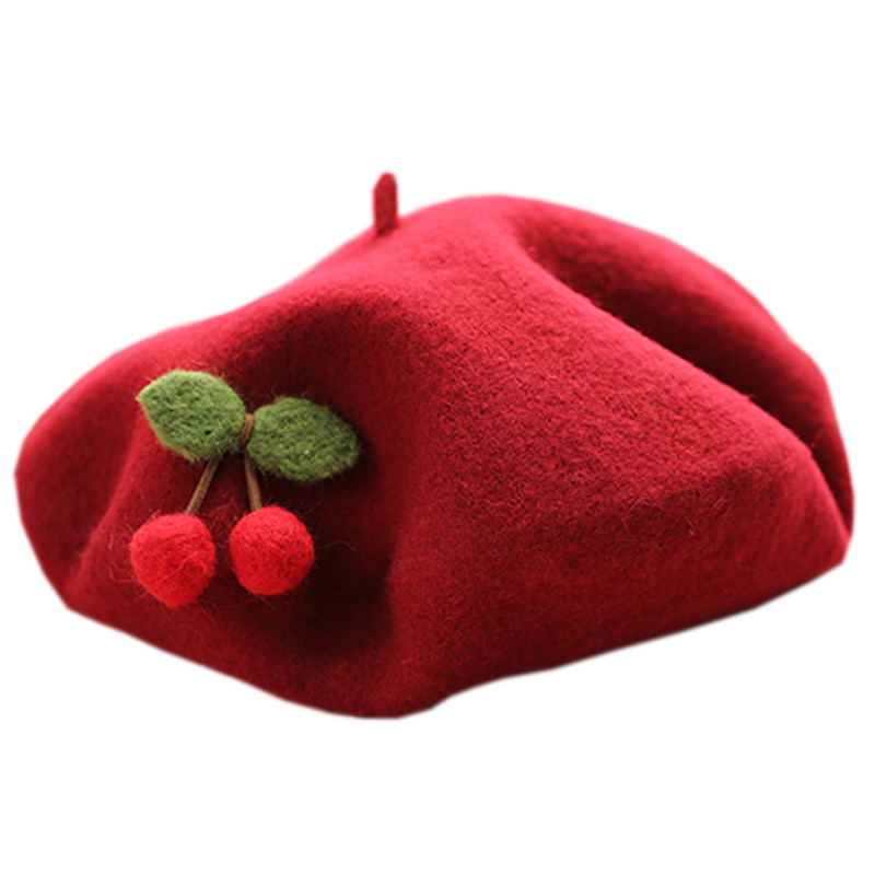 软萌樱桃贝雷帽女秋冬日系森女手工纯羊毛呢毡画家帽甜美蓓蕾帽子