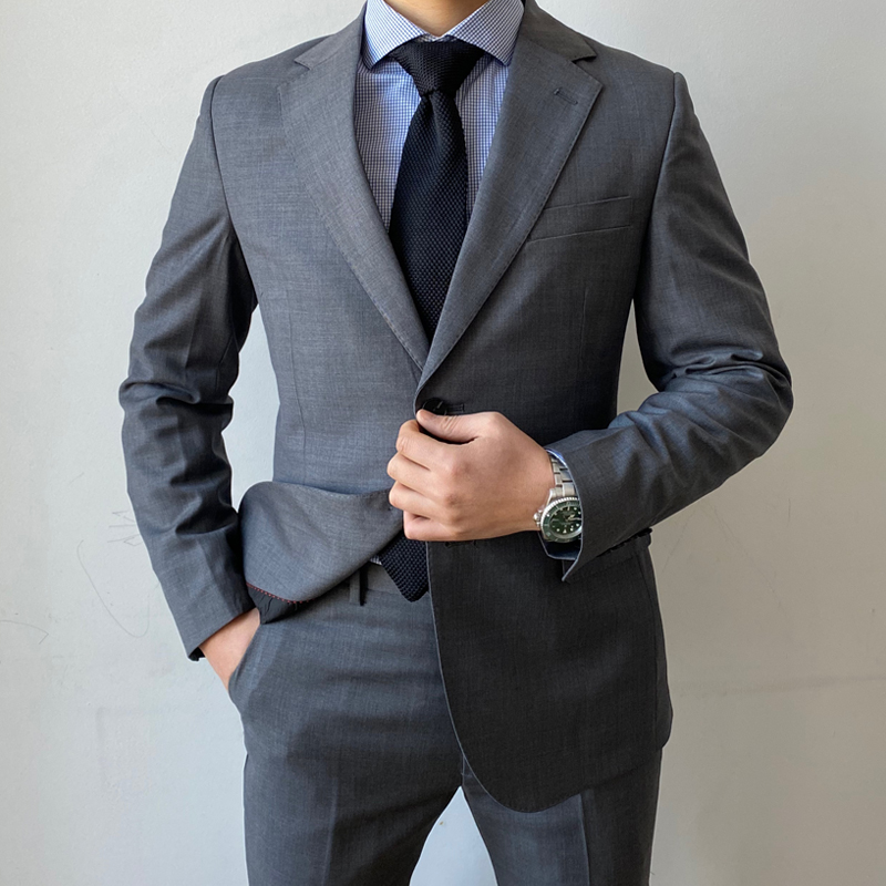 RICODESIGN修身商务羊毛正装男手工西装套装新郎礼服高级灰色西服